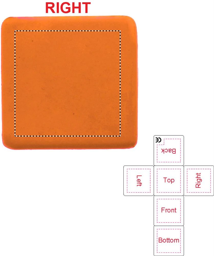 Antistressová kocka – oranžová – tlačová plocha – Vpravo