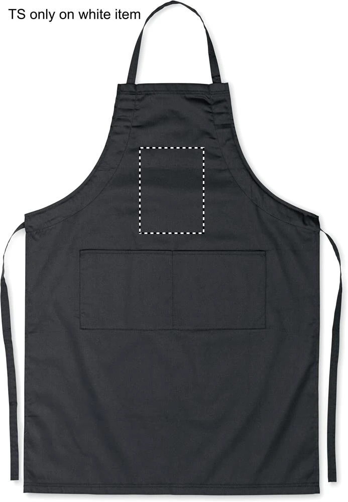 Nastaviteľná kuchynská zástera – černá – tlačová plocha – FRONT ABOVE POCKET