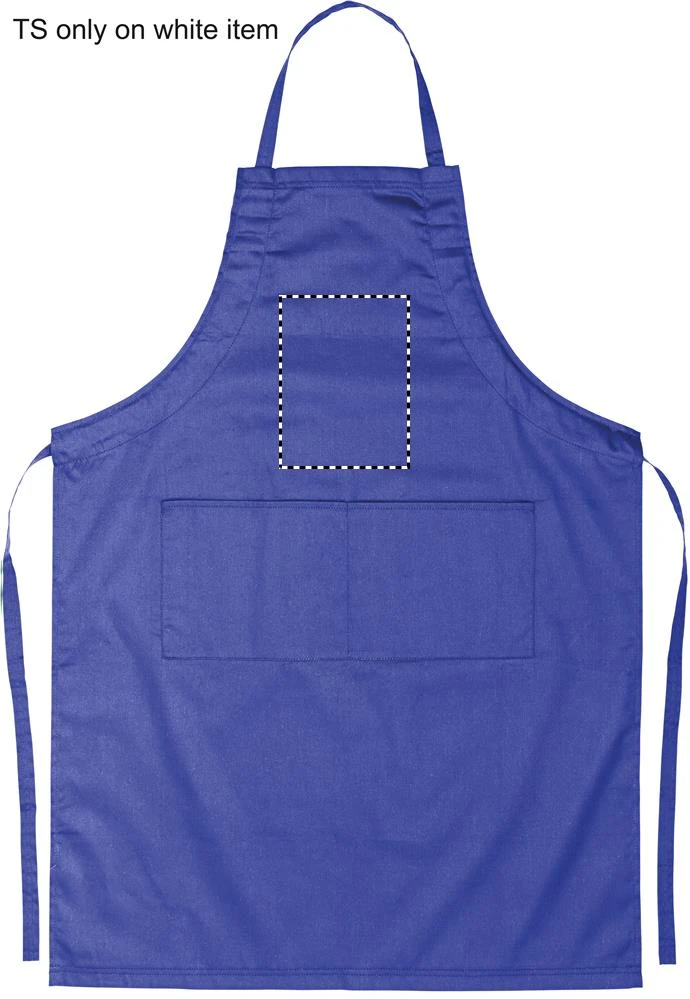 Nastaviteľná kuchynská zástera – modrá – tlačová plocha – FRONT ABOVE POCKET