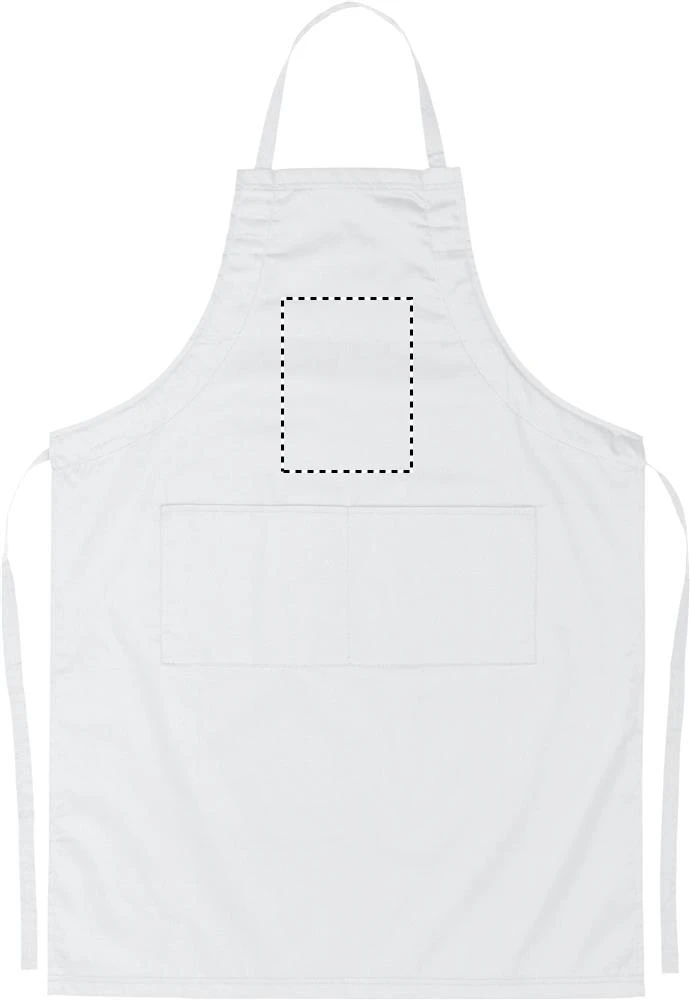 Nastaviteľná kuchynská zástera – bílá – tlačová plocha – FRONT ABOVE POCKET