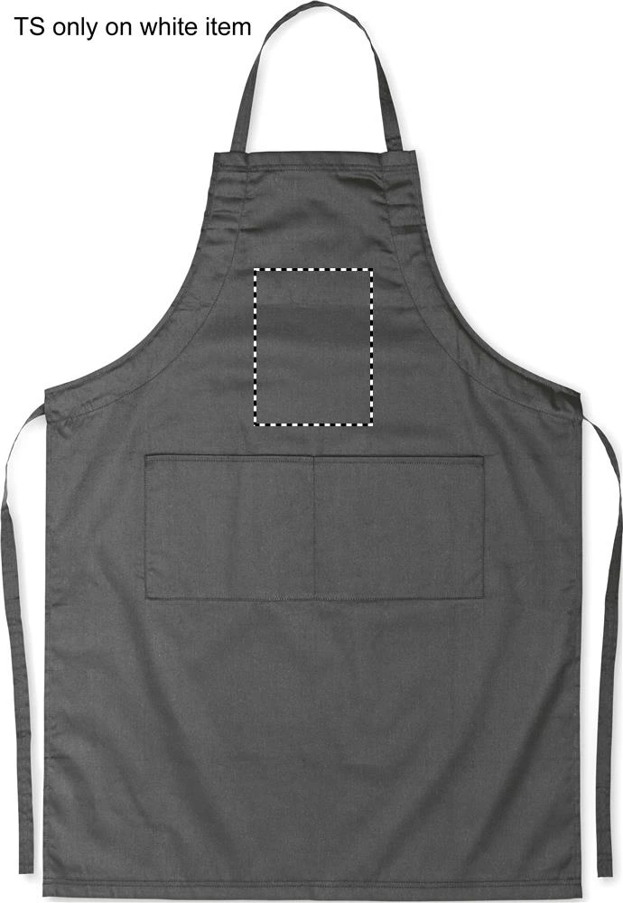 Nastaviteľná kuchynská zástera – kamenně šedá – tlačová plocha – FRONT ABOVE POCKET