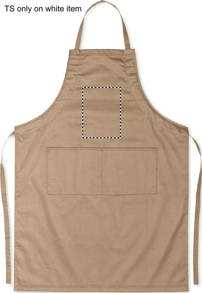 Nastaviteľná kuchynská zástera – barva lana – tlačová plocha – FRONT ABOVE POCKET