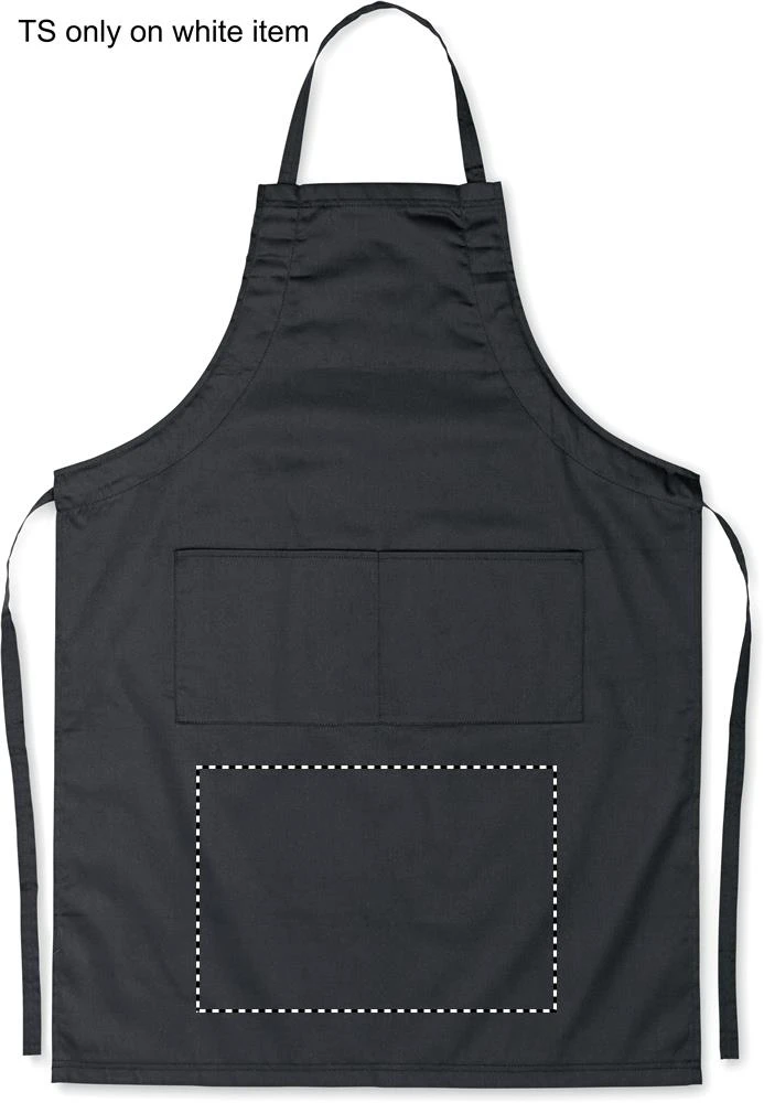 Nastaviteľná kuchynská zástera – černá – tlačová plocha – FRONT BELOW POCKET