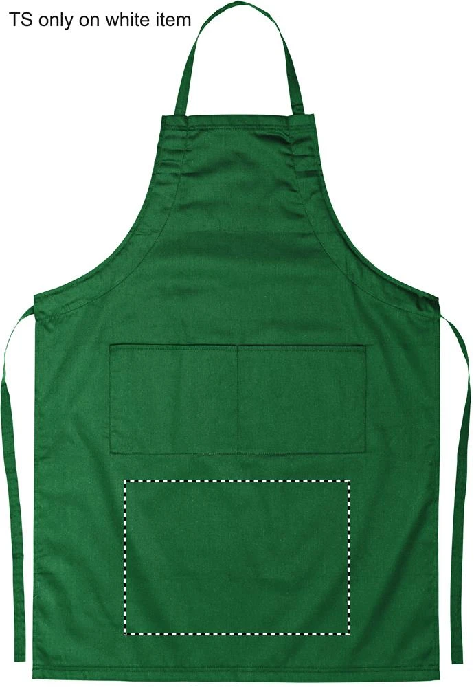 Nastaviteľná kuchynská zástera – zelená – tlačová plocha – FRONT BELOW POCKET