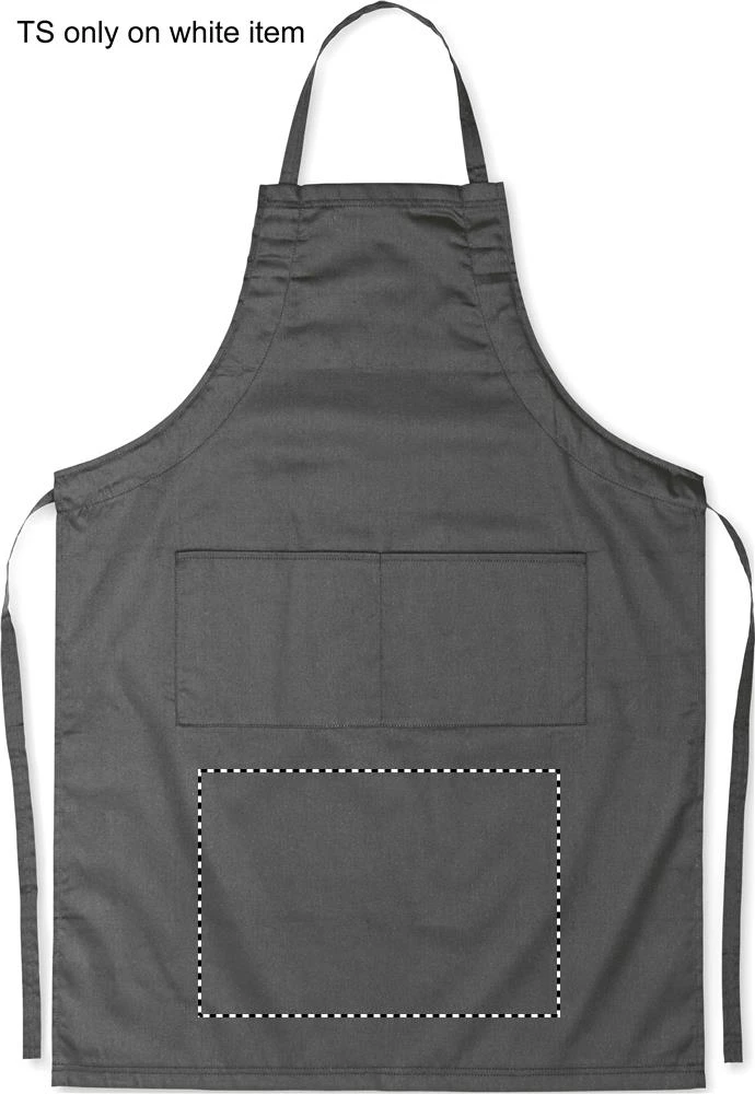 Nastaviteľná kuchynská zástera – kamenně šedá – tlačová plocha – FRONT BELOW POCKET