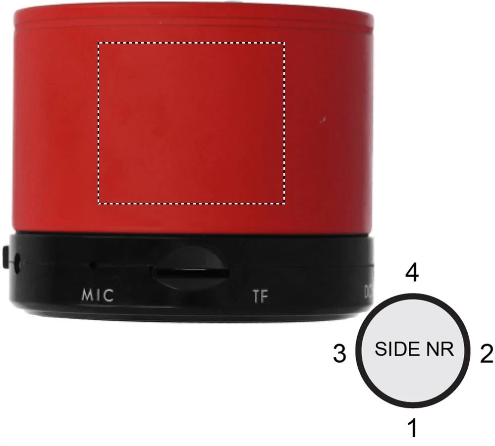 Guľatý Bluetooth reproduktor – červená – tlačová plocha – Bok 2