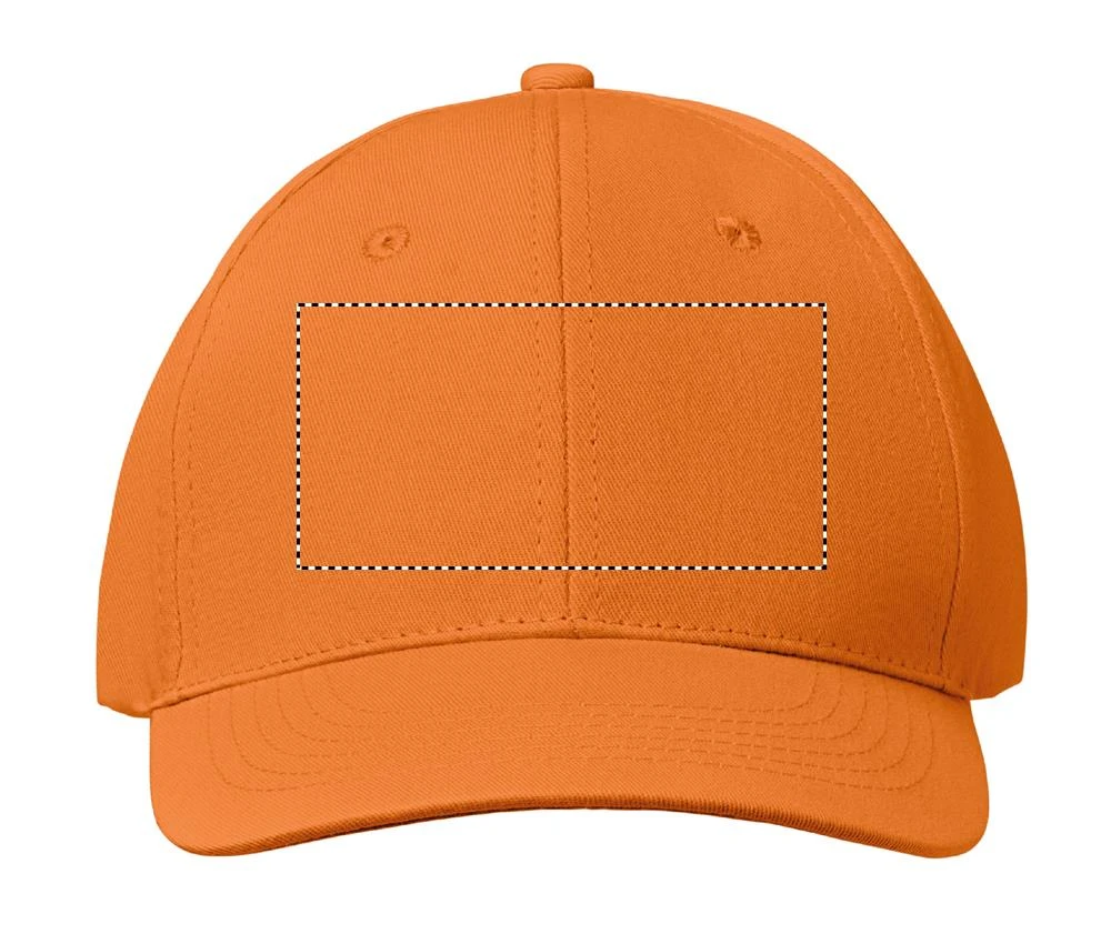 6 panelová šiltovka – oranžová – tlačová plocha – Predná strana – výšivka