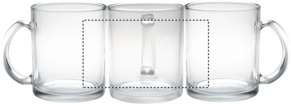 Sklenený hrnček 300ml sublimačný – transparentní – tlačová plocha – Dookola (rotačná sieťotlač)