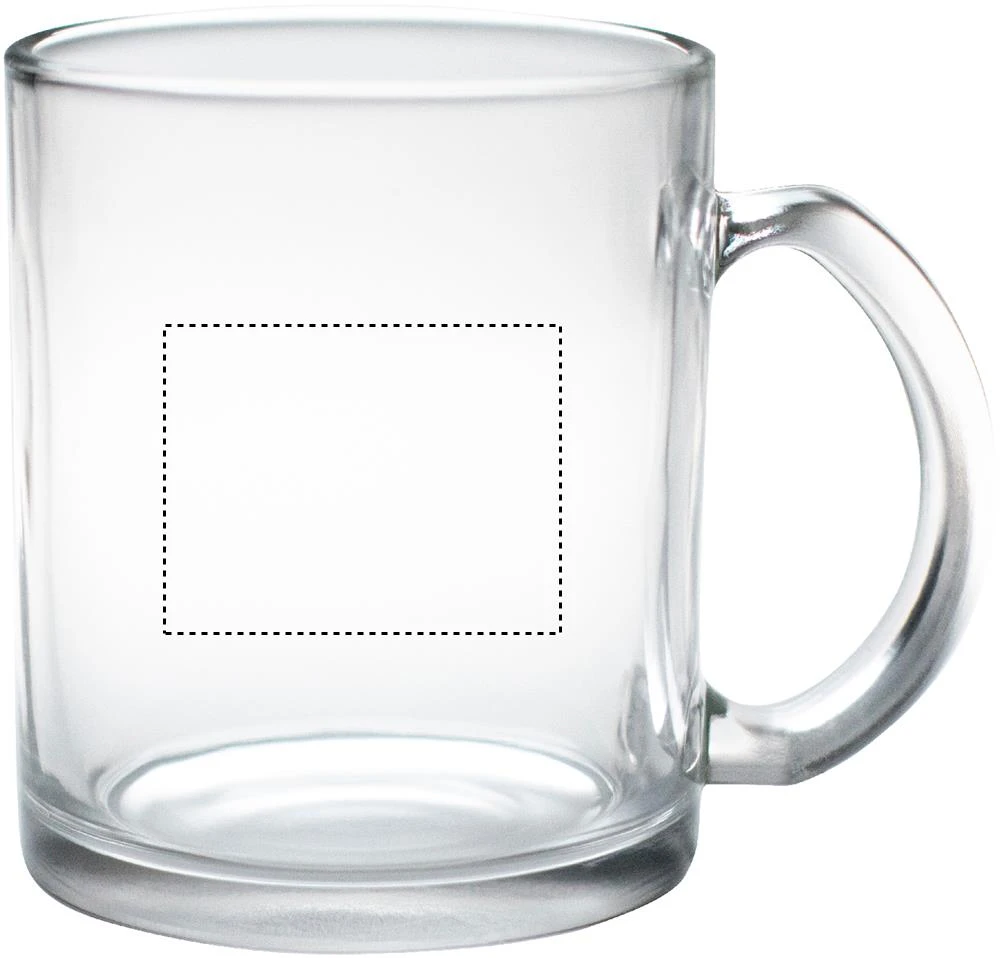 Sklenený hrnček 300ml sublimačný – transparentní – tlačová plocha – Pre pravákov