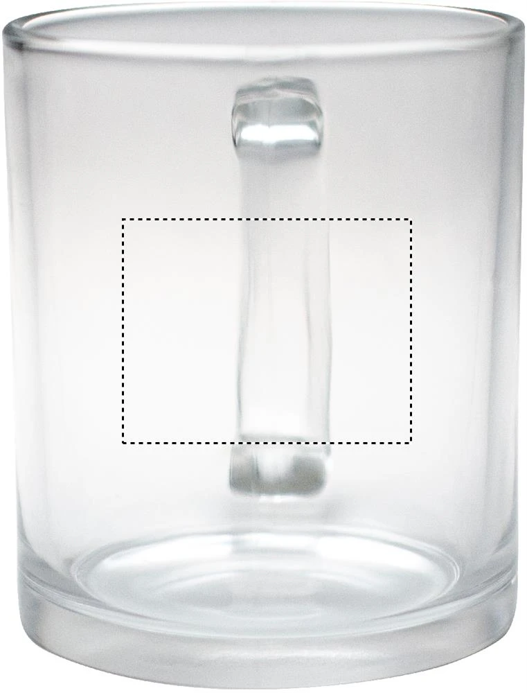 Sklenený hrnček 300ml sublimačný – transparentní – tlačová plocha – OPPOSITE OF HANDLE