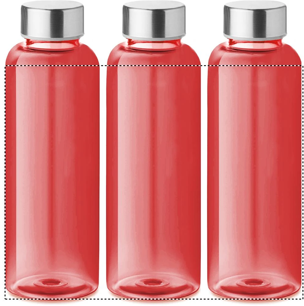 RPET fľaška 500ml – transparentní červená – tlačová plocha – Dookola 360° – digitálna tlač