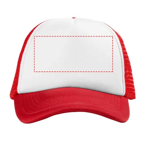 Čiapka Trucker, 5 panelov – červená – tlačová plocha – Predná strana