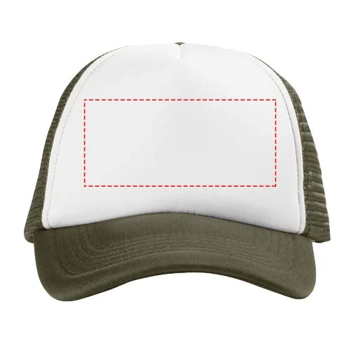 Čiapka Trucker, 5 panelov – lesní zelená – tlačová plocha – Predná strana