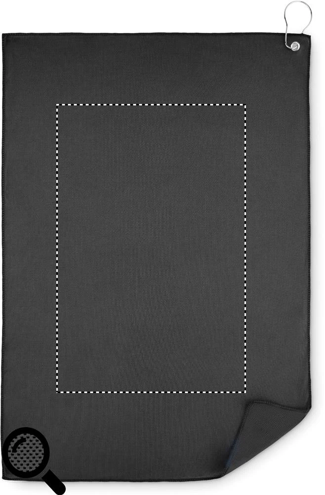 Golfový RPET uterák s háčikom – černá – tlačová plocha – TOWEL FRONT TEXTURED