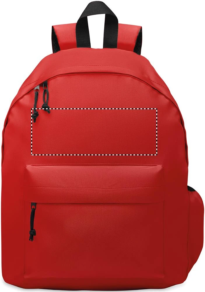 Batoh z polyesteru 600D RPET – červená – tlačová plocha – FRONT ABOVE POCKET