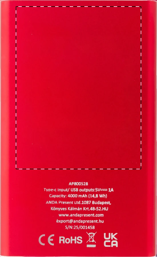 RaluFour power banka – red – tlačová plocha – Zadná strana