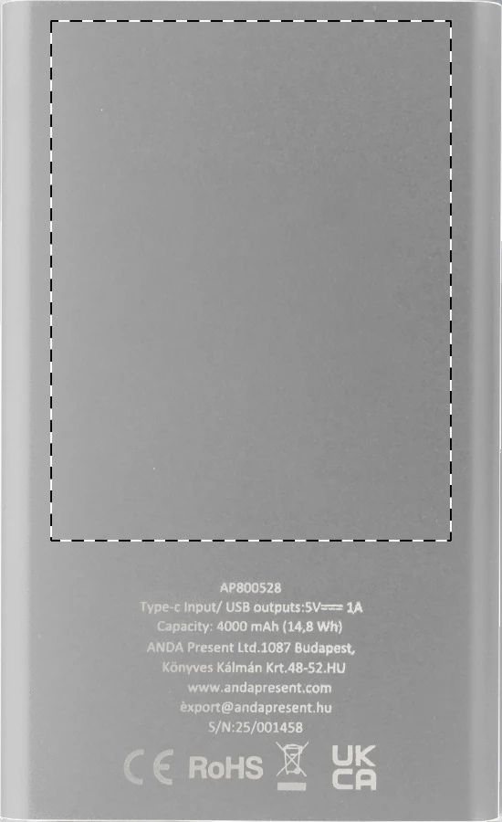 RaluFour power banka – silver – tlačová plocha – Zadná strana