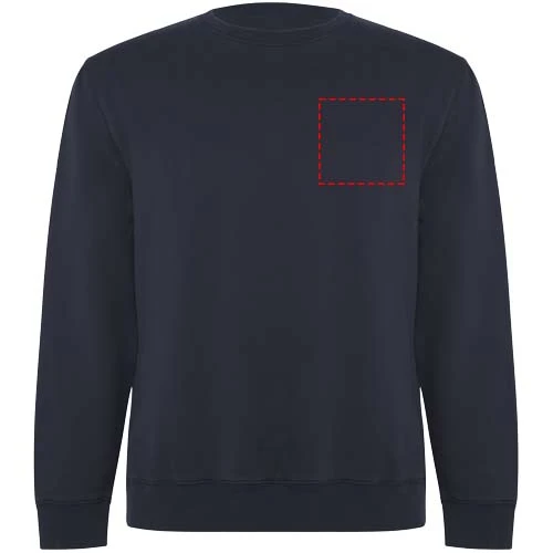 Batian unisex sveter s výstrihom crewneck - Roly – námornícka modrá – tlačová plocha – Ľavá strana hrude