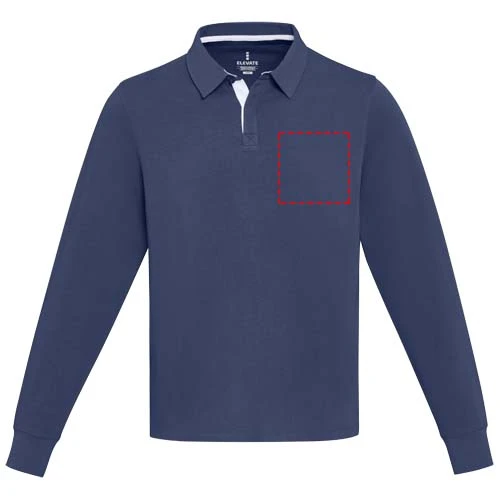 Clyde unisex organická rugby polo mikina - Elevate – námornícka modrá – tlačová plocha – Ľavá strana hrude