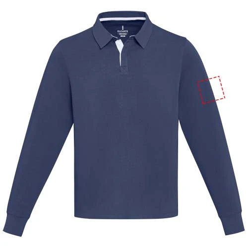 Clyde unisex organická rugby polo mikina - Elevate – námornícka modrá – tlačová plocha – Ľavý biceps