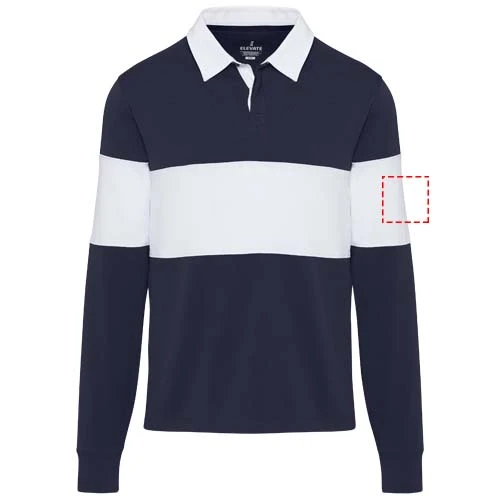 Clyde unisex organická rugby polo mikina - Elevate – námornícka modrá – tlačová plocha – Levý biceps