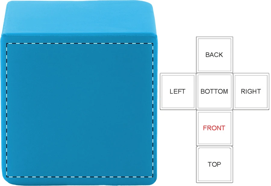 Cubix antistresová loptička – light blue – tlačová plocha – Predná strana