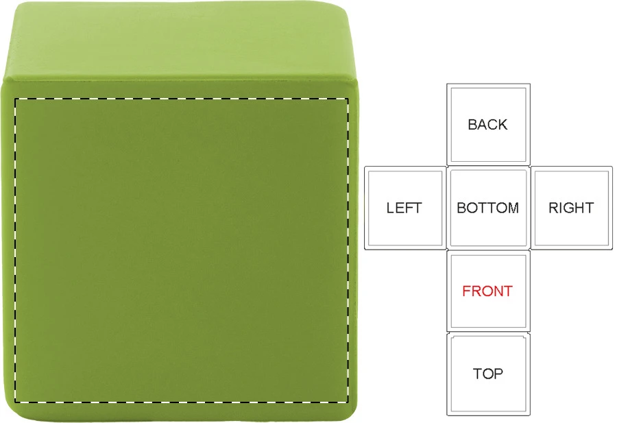 Cubix antistresová loptička – lime green – tlačová plocha – Predná strana