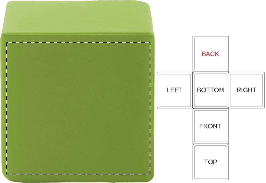 Cubix antistresová loptička – lime green – tlačová plocha – Zadná strana