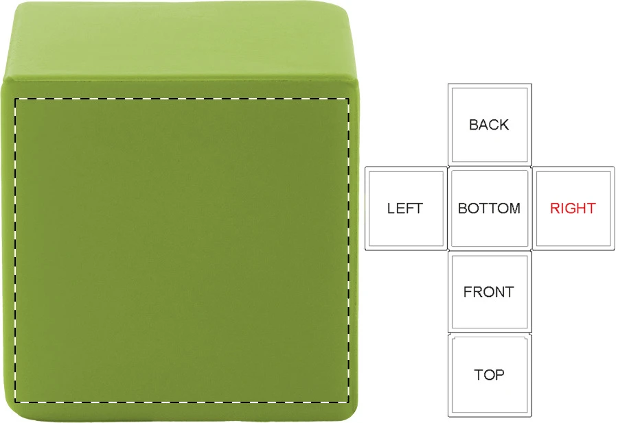 Cubix antistresová loptička – lime green – tlačová plocha – Pravá strana