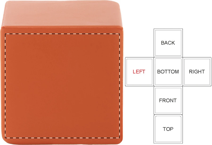 Cubix antistresová loptička – orange – tlačová plocha – Ľavá strana