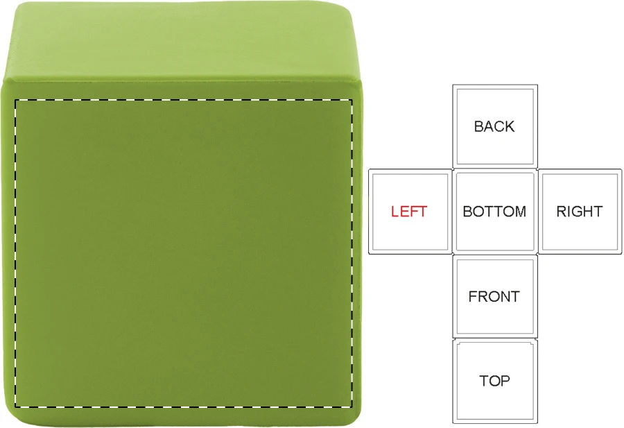 Cubix antistresová loptička – lime green – tlačová plocha – Ľavá strana