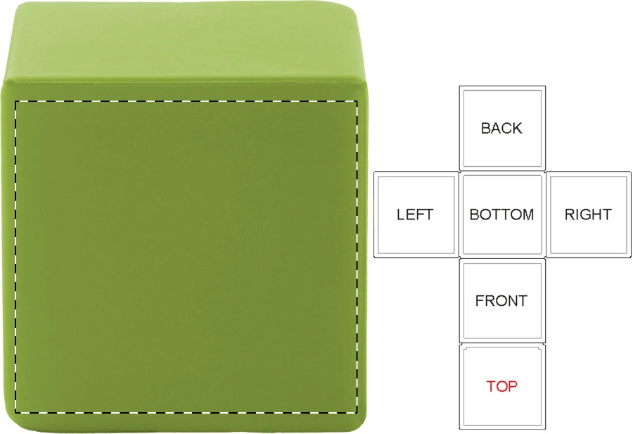 Cubix antistresová loptička – lime green – tlačová plocha – Vrchná časť