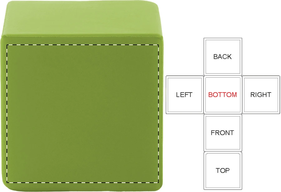 Cubix antistresová loptička – lime green – tlačová plocha – Spodná časť