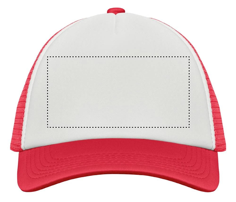 Trucker's čiapka BUBBLE – bilá/červená – tlačová plocha – FRONT TS