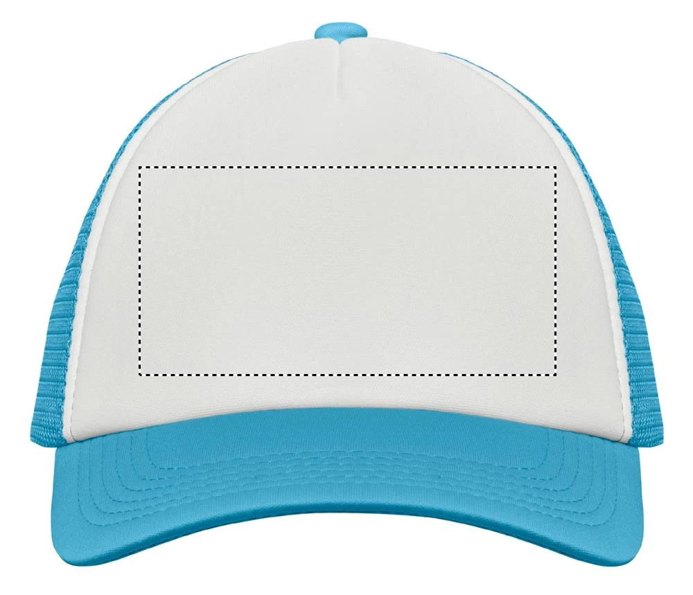 Trucker's čiapka BUBBLE – bílá/tyrkysová – tlačová plocha – FRONT TS