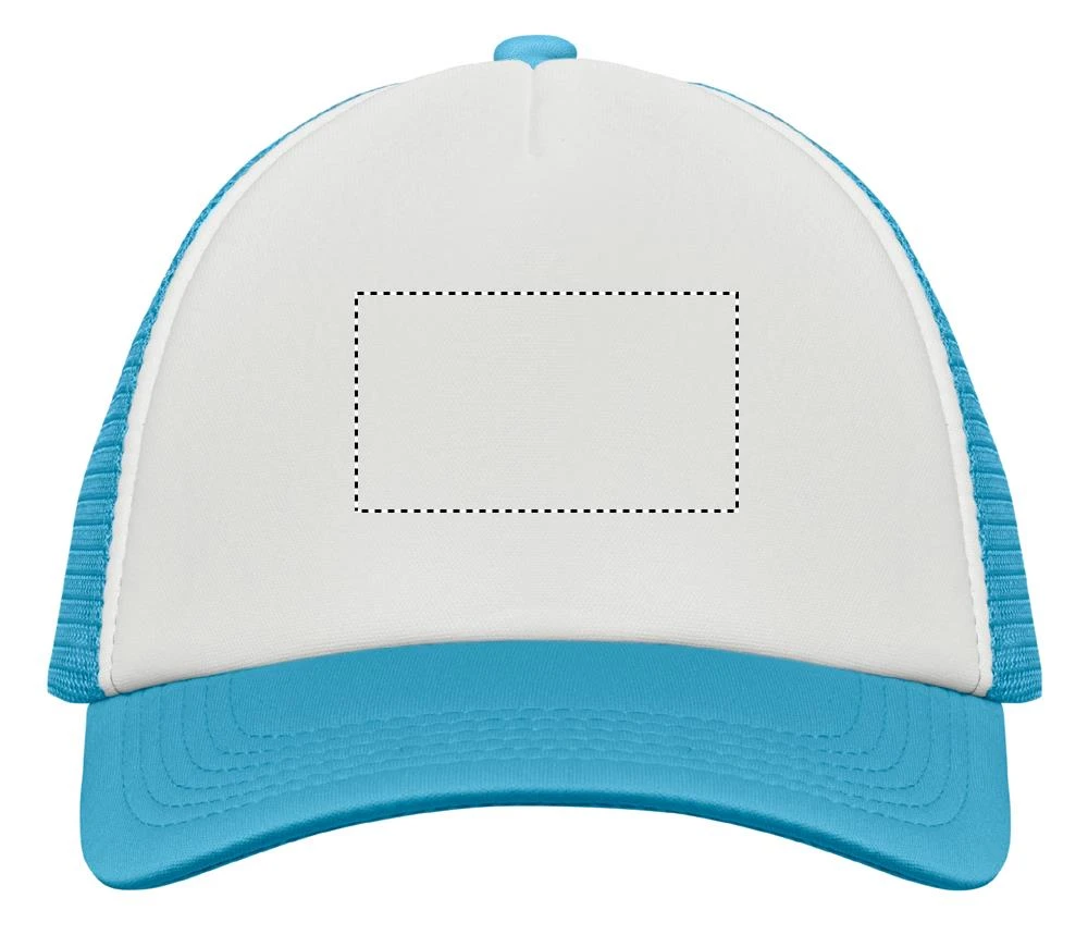 Trucker's čiapka BUBBLE – bílá/tyrkysová – tlačová plocha – FRONT S