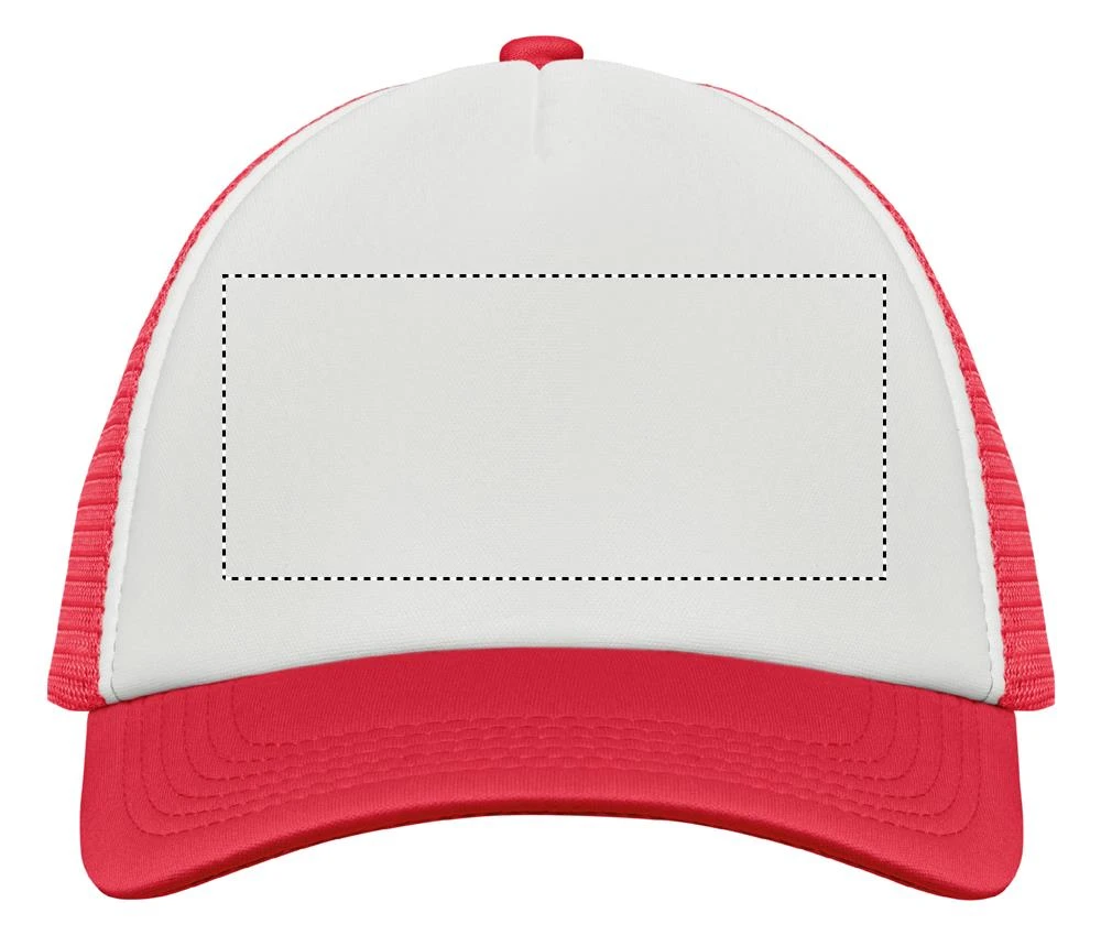 Trucker's čiapka BUBBLE – bilá/červená – tlačová plocha – FRONT E