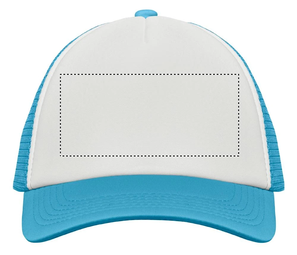 Trucker's čiapka BUBBLE – bílá/tyrkysová – tlačová plocha – FRONT E