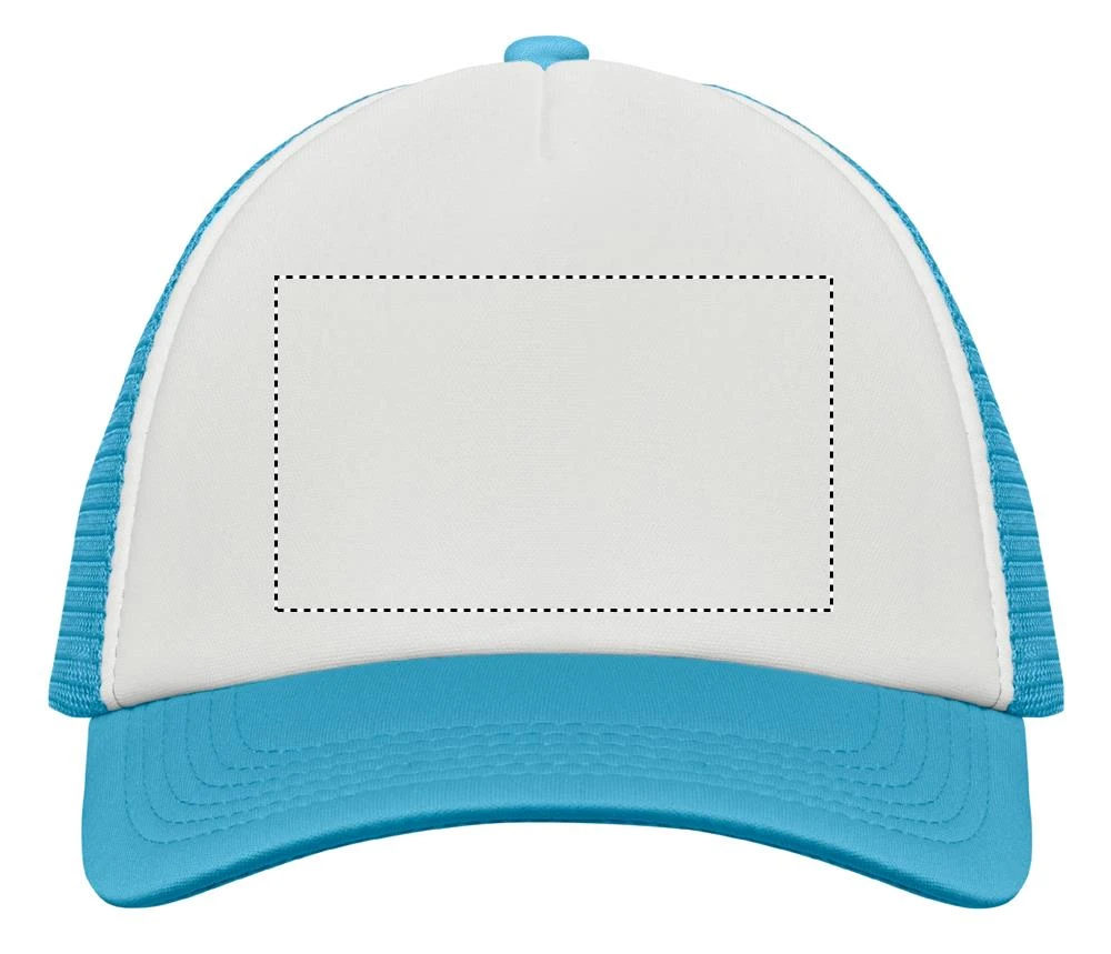 Trucker's čiapka BUBBLE – bílá/tyrkysová – tlačová plocha – FRONT T