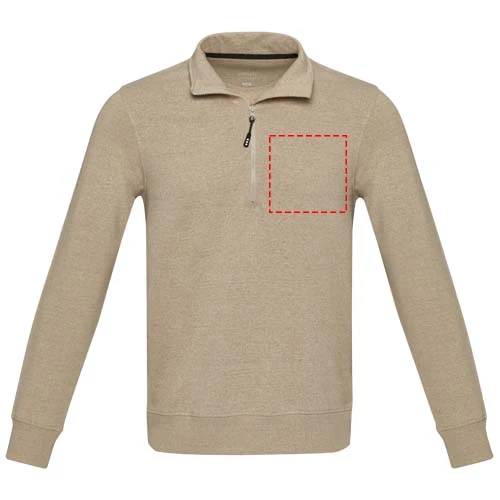 Unisex recyklovaný sveter Aware™ na štvrťový zips Tin - Elevate – ovesné vločky – tlačová plocha – Ľavá strana hrude