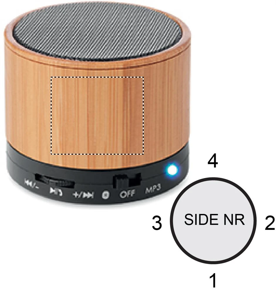 Bluetooth reproduktor bambus – černá – tlačová plocha – Bok 1