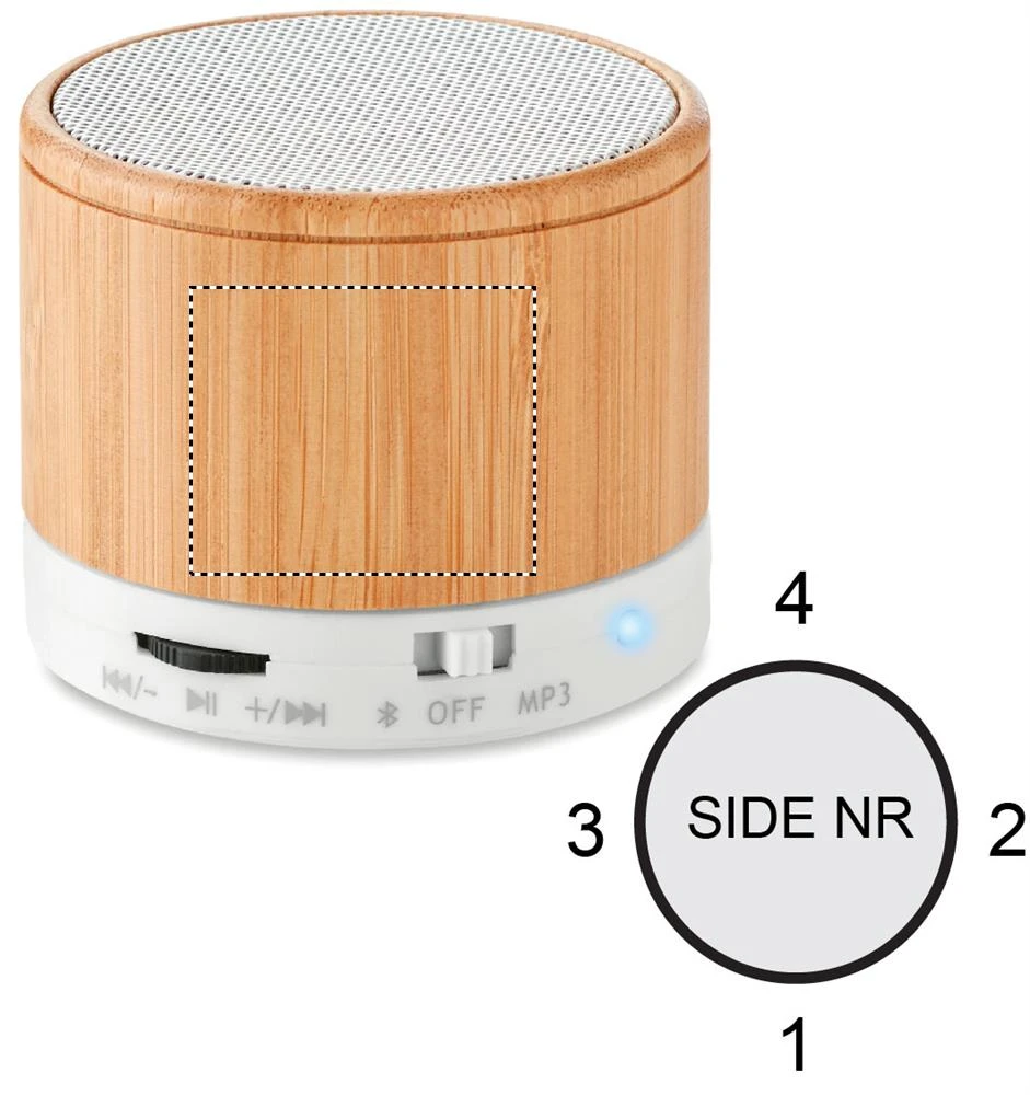 Bluetooth reproduktor bambus – bílá – tlačová plocha – Bok 1