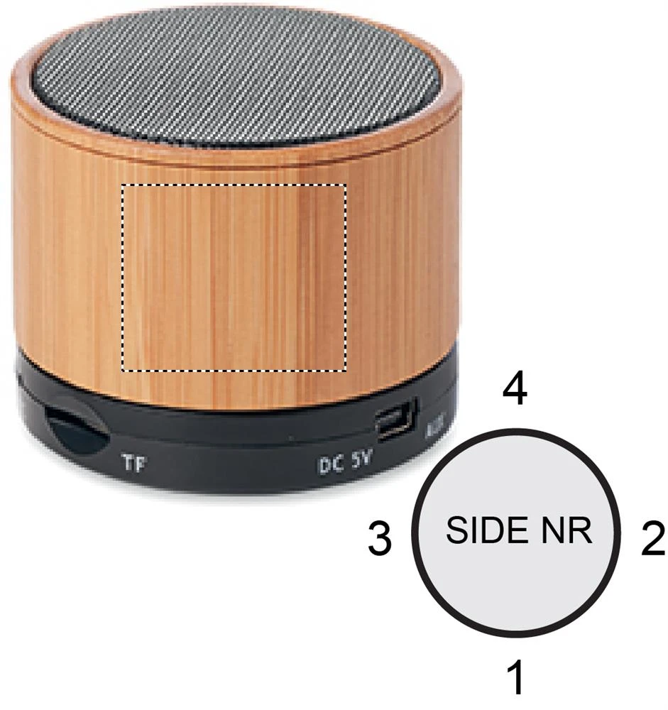 Bluetooth reproduktor bambus – černá – tlačová plocha – Bok 4