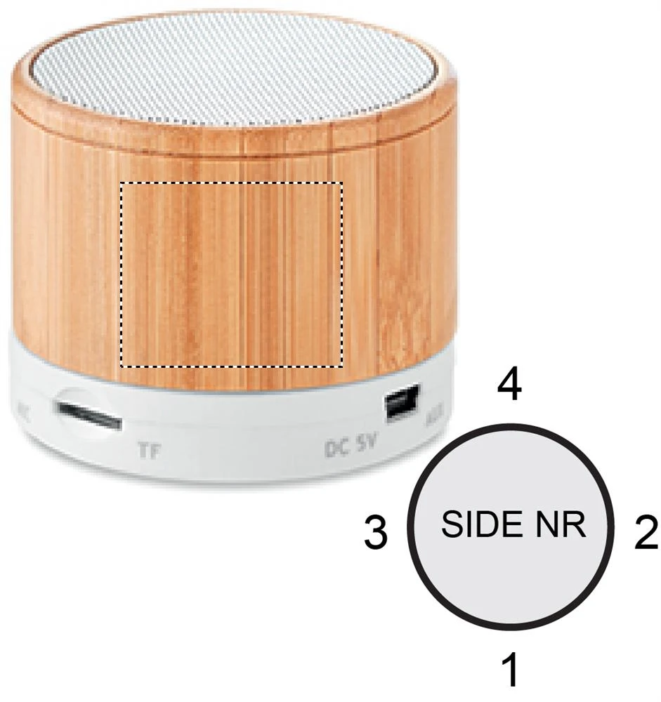 Bluetooth reproduktor bambus – bílá – tlačová plocha – Bok 4