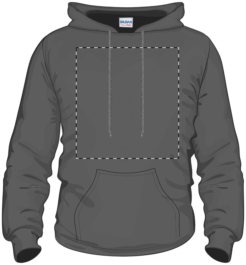 GISF500 mikina s kapucňou - Gildan – dark grey – tlačová plocha – Nad vreckom