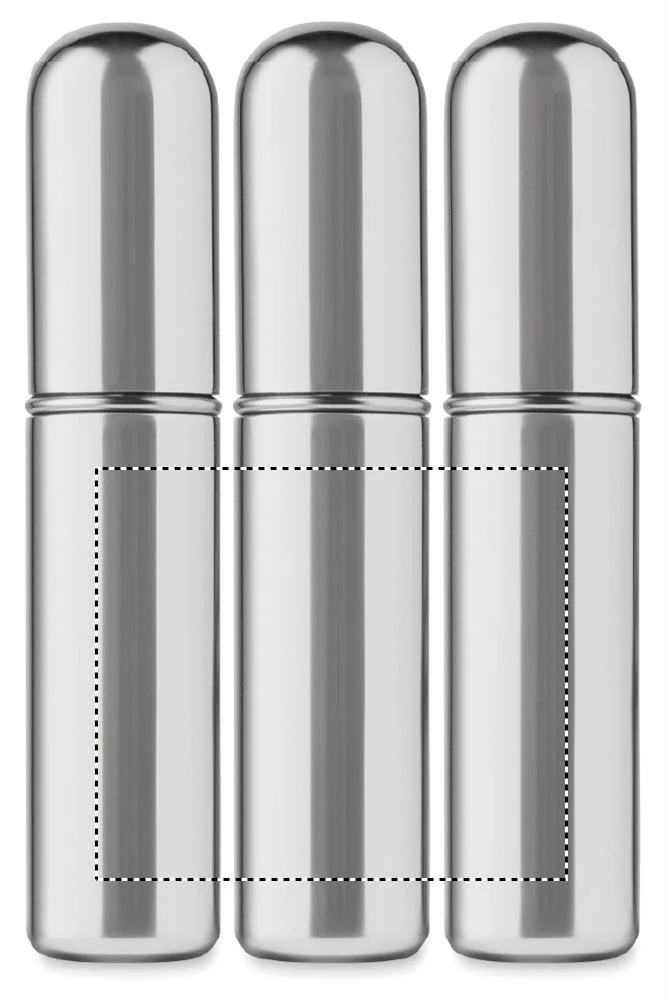 Plniteľná fľaštička s rozprašovačom 5 ml – lesklá stříbrná – tlačová plocha – LABEL