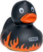 Pískacia kačka s plameňmi so sloganom