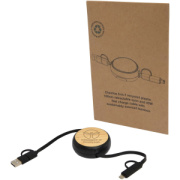 Vysúvací dátový synchronizačný a rýchlonabíjací 45W kábel 5 v 1 z recyklovaného plastu s dĺžkou 100 cm s bambusovými detailmi