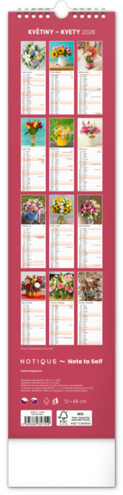 NOTIQUE Nástenný kalendár Květiny – Kvety CZ/SK 2026, 12 x 48 cm