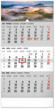 NOTIQUE Nástenný kalendár 3-mesačný Krajina sivý – s českými menami CZ 2026, 29,5 x 43 cm